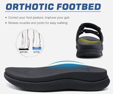 Чоловічі спортивні сандалі KuaiLu з м'якою устілкою, ортопедичні для фасціїту, для активного відпочинку та походів, легкі, відкриті, з регульованою застібкою-липучкою, чорні, 45 EU