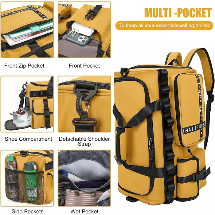 Спортивна сумка для подорожей 65Л з відділенням для взуття та вологих речей, велика сумка для залу, плавання та поїздок (Жовта)