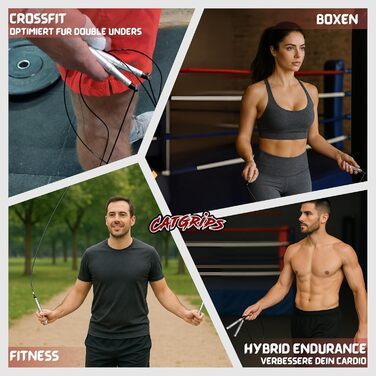 Стрибкове канат Crossfit CATGRIPS Springseil: алюмінієва ручка, сталеве ядро з підшипниками, легке та професійне для занять у спортзалі та боксі, з сумкою та запасними частинами, срібний
