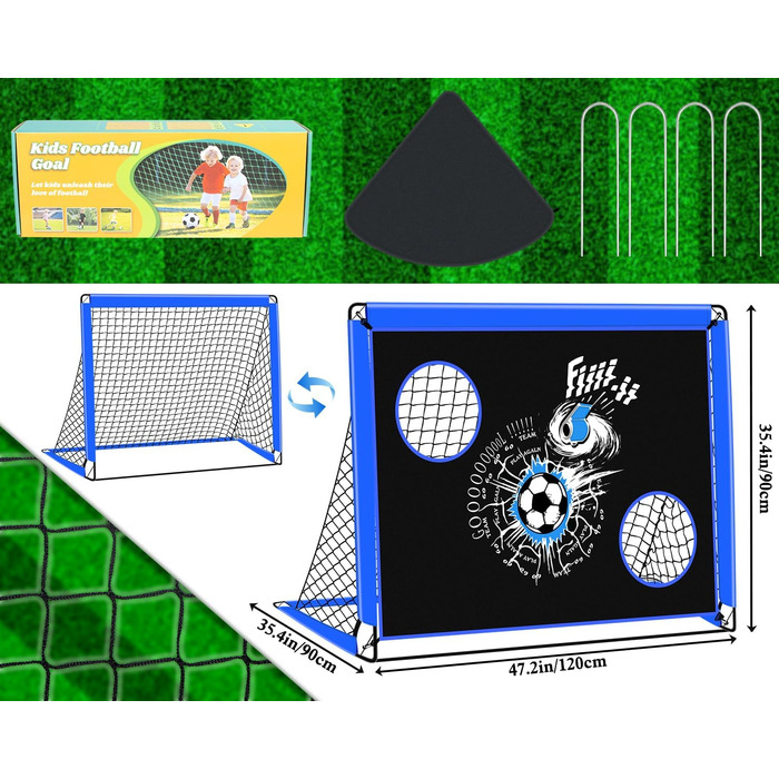 Дитячі ворота для футболу, 2-в-1 Pop-Up, розкладні, для саду, на вулицю, з чохлом та кілочками (120x90см, блакитний)