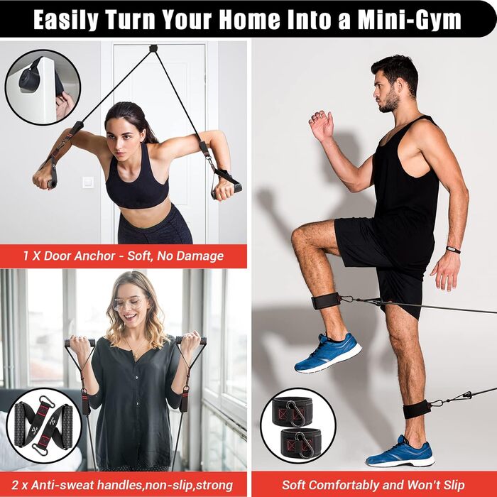 Набір еластичних стрічок для фітнесу, 5 шт. - стрічки для силових тренувань, фітнес-експандер з великими ручками, ремінці для кісточок, фіксатор для дверей, сумка, ідеально для пілатесу та силових тренувань (200lbs, чорний)