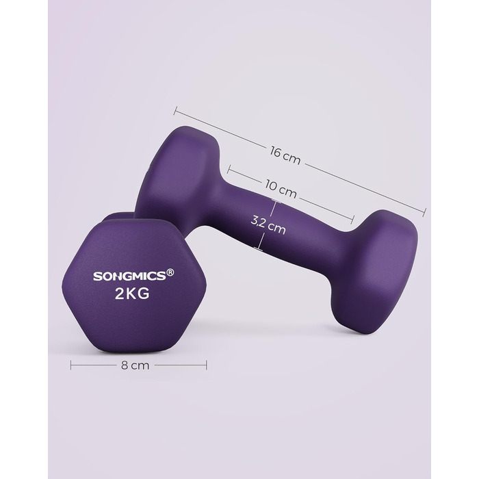 Гантелі SONGMICS 2 x 2 кг, неопрена, шестигранні, для фітнесу та силових тренувань вдома, фіолетові