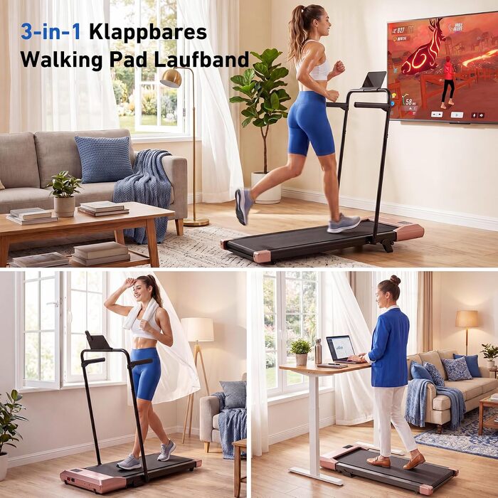 Бігова доріжка DeerRun Walking Pad з нахилом 6% для дому та офісу, компактне підстільне Laufband з LED-дисплеєм, пультам та підтримкою додатка, до 136 кг, світло-рожева