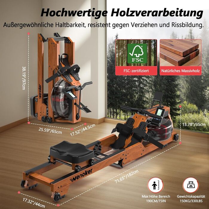 Гребний тренажер Wenoker для дому з дерева, складаний, з Bluetooth, комфортне сидіння, подвійні направляючі, до 150 кг, натуральний дуб