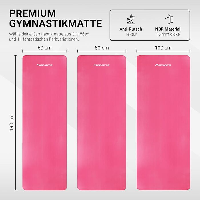 Гімнастичний килимок MSPORTS Premium 190x80x1,5 см, пастельно-рожевий, без фталатів, з ременем для перенесення, постером вправ і додатком, антиалергенний фітнес-килимок для йоги та тренувань