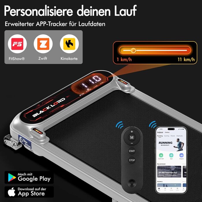 Біговий тренажер BLACK LORD X7 - Walking Pad з тихим мотором 3.0PS, до 130кг, Bluetooth, 3 рівня нахилу, антиковзаюча поверхня (Срібний)