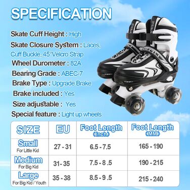 Ролики дитячі регульовані Duzskj для хлопчиків та дівчаток, 4 розміри, чорно-білі