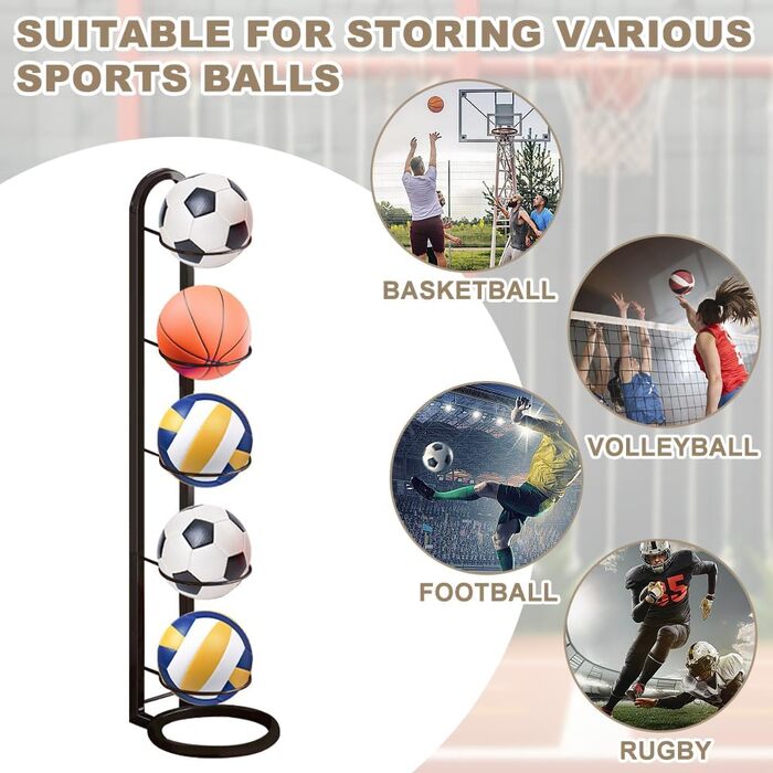 Стійка для зберігання м'ячів Kleemeiero: баскетбольний, футбольний, волейбольний, 5 м'ячів, 23.5 см, білий/чорний