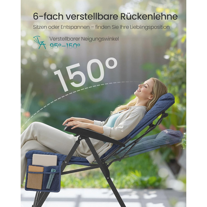 Складний туристичний стілець SONGMICS для відпочинку та риболовлі, з регульованою спинкою, підстаканником та кишенею, блакитний