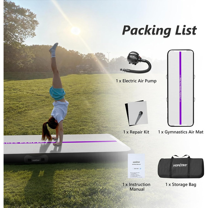 Гімнастичний надувний мат VOFiTNY товщиною 10/20 см для дому, парку та води. Розміри: 3/4/5/6 м. Підходить для йоги, акробатики та тренувань. Кольори: фіолетовий/чорний