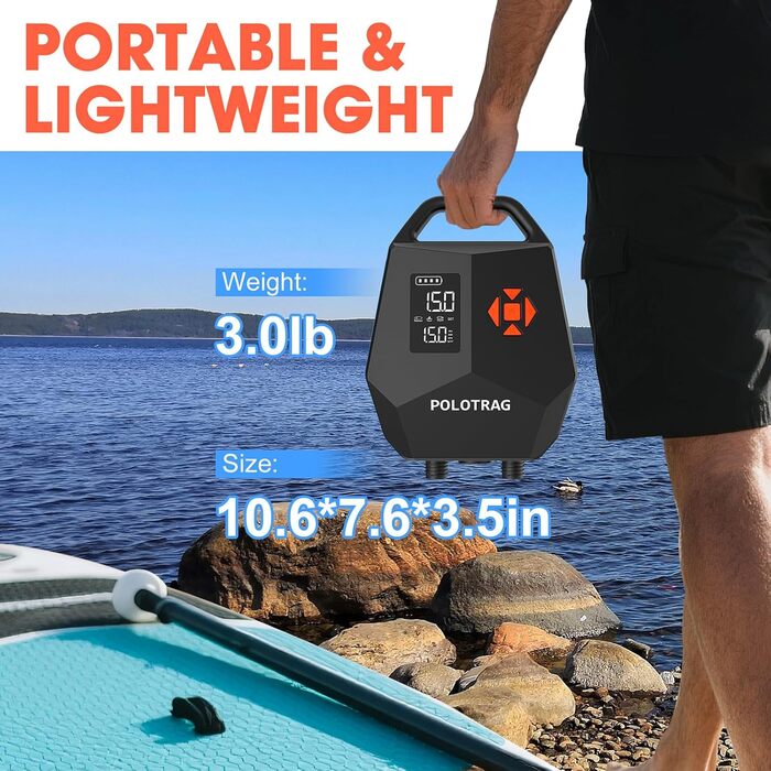 Електричний насос для сапборду (SUP) 20 PSI, акумуляторний, 12000 mAh, з функцією накачування та здуття, для каяків, помаранчевий