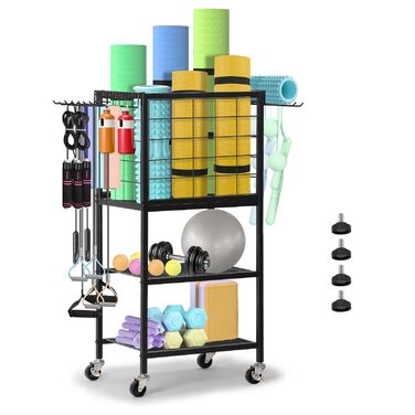 Стійка для гантелей та йога-матів LIANTRAL з колесами та гачками, чорна. Багатофункціональна стійка для зберігання спортивного обладнання для дому