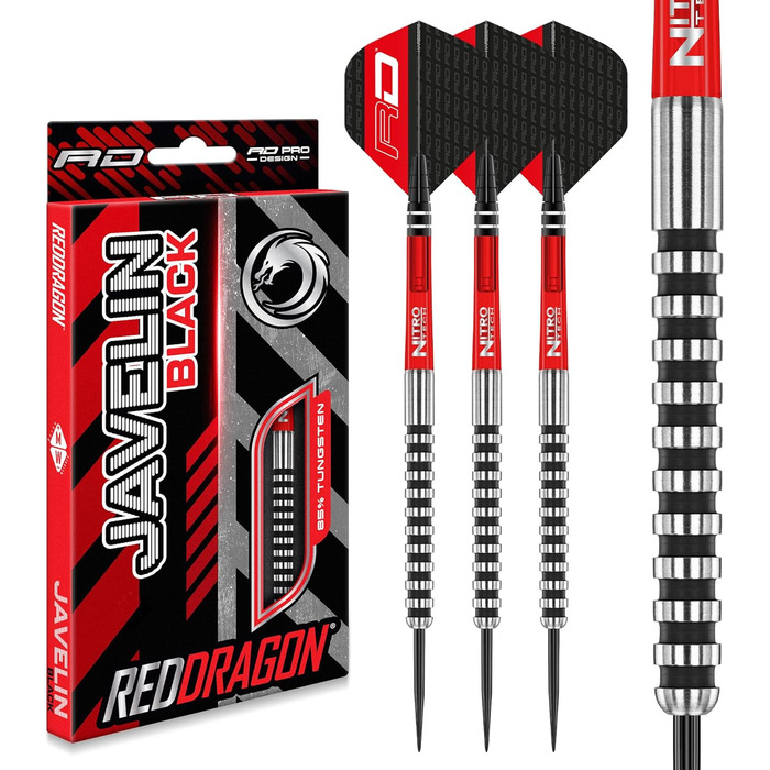 Професійні дротики для дартсу Red Dragon Javelin Black Series зі сталевим наконечником, набір зі стрижнями та оперенням