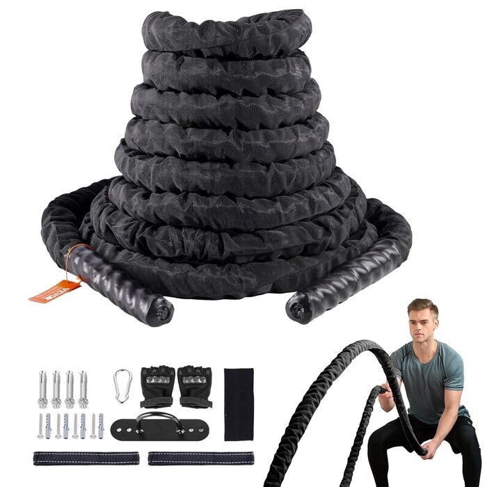 Тренувальне канат VEVOR Battle Rope - 9.1 м, поліестер, з захисною оболонкою та анкером. Для фітнесу вдома, тренування корпусу та пресу
