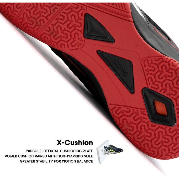 Професійне бадмінтонне взуття HUNDRED Xoom для чоловіків, чорно-червоне, 40 EU. Підходить для бадмінтону, тенісу, сквошу, настільного тенісу, баскетболу та падел-тенісу. Верх: поліестер, підошва: гума.