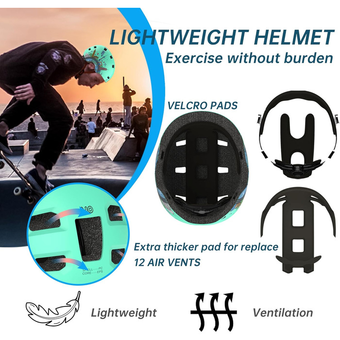 Захисний шолом Skaterhem для скейтборду, самокату, BMX (унісекс, регульований, зелений, M)