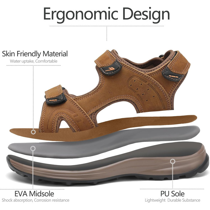 Чоловічі сандалі FLARUT для туризму та відпочинку на природі. Зручні сандалі з натуральної шкіри для літа. Розмір 40 EU, Колір: Коричневий