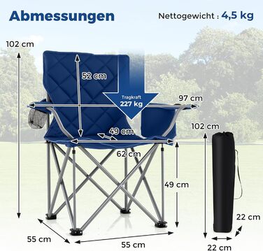 Крісло для кемпінгу Costway XXL, 227 кг, з підлокітниками та кишенею для напоїв, для відпочинку на природі, риболовлі, дачі, пляжу (Navy)
