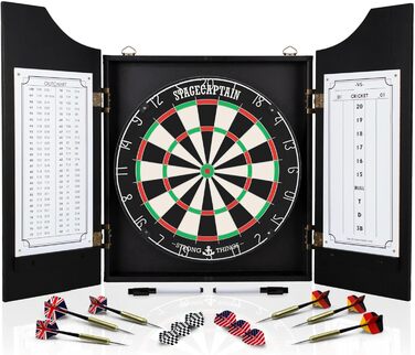 Дартс шафа Stagecaptain DBC-1775 BK Bullseye з мішенню та дротиками — дерев'яний дартс-кабінет з професійною стілдард мішенню, надтонкими дротами, 6 дротиками та 4 комплектами оперень