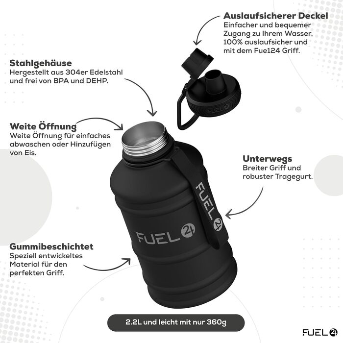 Металева пляшка для води Extra Stark 1.3L та 2.2L (2200 мл) - Без витоку, BPA-Free, для спорту та фітнесу, чорна