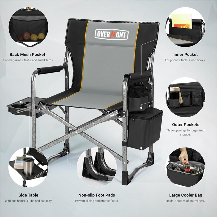 Крісло для кемпінгу OVERMONT: складне, з підспівателем та сумкою-холодильником - до 180 кг, чорне