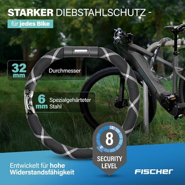 Ланцюговий замок для велосипеда та електровелосипеда FISCHER PROTEC SK100, 100 см, чорний, зі світловідбиваючими нитками, 2 ключі