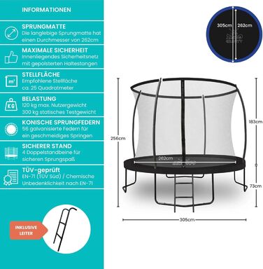 Батут Zero Gravity Outdoor Ø 183/244/305/366/427 см, TÜV GS, комплект з драбиною, відеоінструкція, Ultima 4 моделі Ø 305 см, чорний