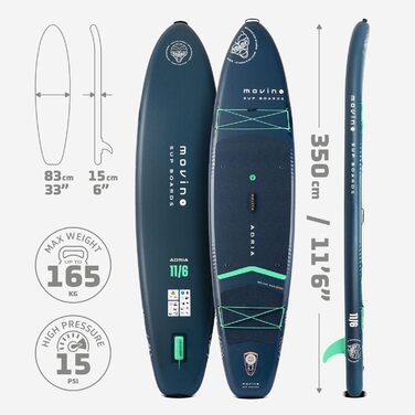Надувний SUP Борд Movino Stand Up Paddle Board 350 см - 2в1 SUP/Каяк, до 165 кг, комплект з аксесуарами, Adria 11’6', зварний рейлінг, 15 PSI, Marineblau-Mint