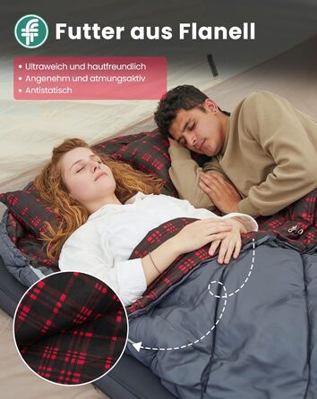 Сплячий мішок KingCamp для 2 осіб з фланелі, зимовий, 3-4 сезони, з подушками, для кемпінгу та відпочинку на природі (сірий)