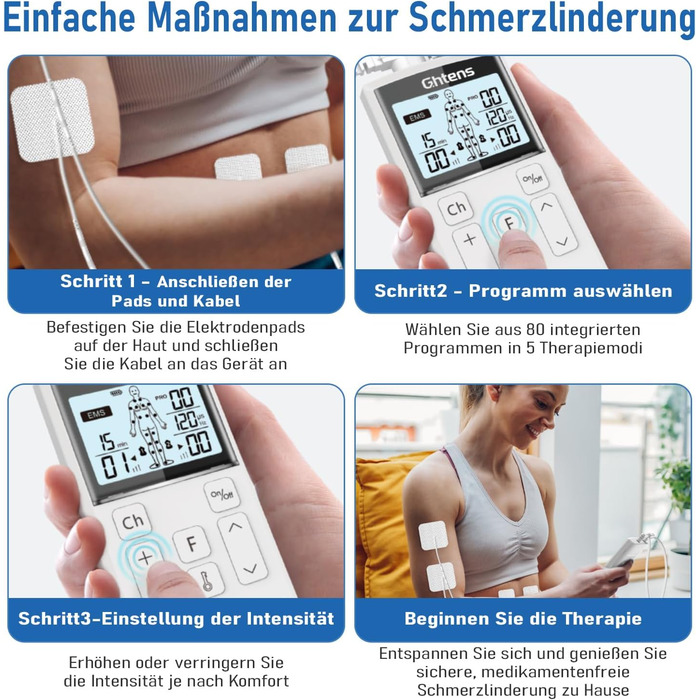 TENS пристрій для терапії болю, 5-в-1: TENS/EMS/IF/RUSS/DIY, для зняття болю, 80 програм масажу, 2 канали, 8 електродів, білий