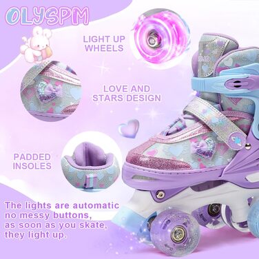 Дитячі ролики для дівчаток з блискучими сердечками та світлодіодними колесами, 4-разове регулювання, ролики для дітей-початківців, ідеальний подарунок на день народження або Різдво, фіолетовий колір