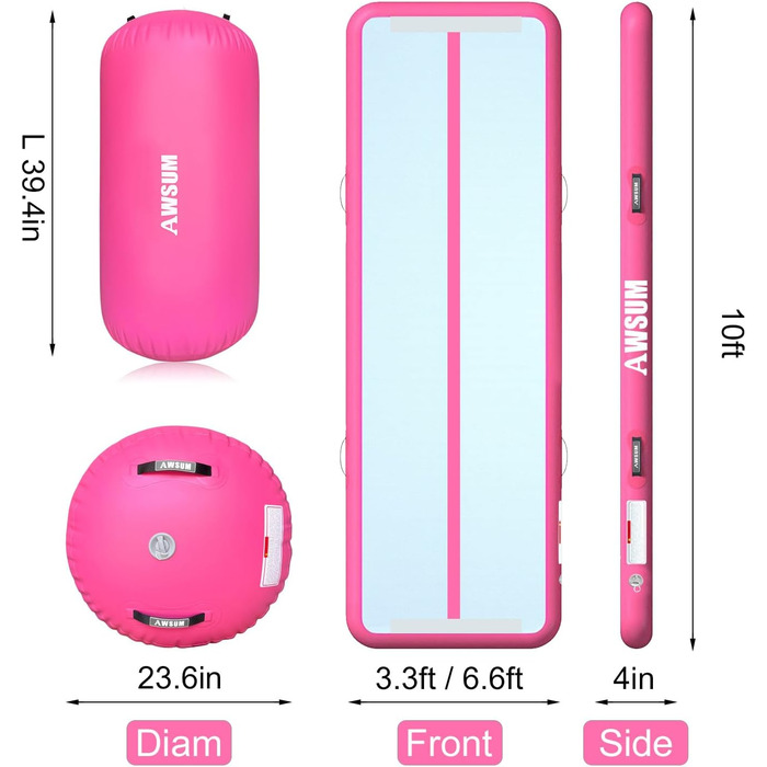 Надувний килимок для гімнастики AWSUM Air Roll 10ft (3м) x 3.3ft (1м) x 10см + Надувна роликова платформа 40x23.6см, рожевий