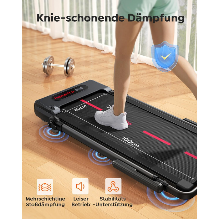 Складана бігова доріжка для дому з нахилом 7%, Walking Pad до 12 км/год, з регульованим поручнем та знімним робочим столом, двигун 3.0 к.с., керування через додаток та пульт, червоно-чорна