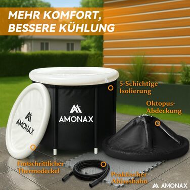 Тонна для криотерапії Amonax Eisbaden: портативна ванна для холодової терапії з термометром, кришка та покриття, чорний колір