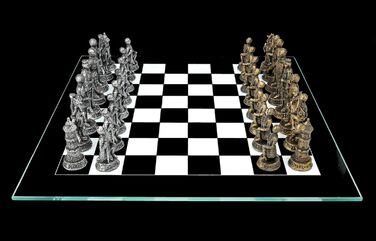 Шахи середньовічні лицарі Золото vs Срібло - набір шахів з скляною шахівницею та фігурами