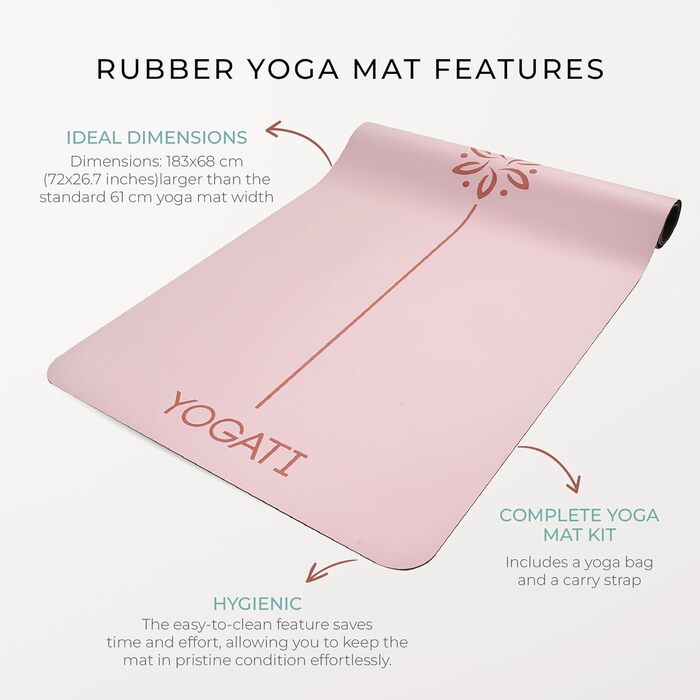 Протиковзкий килимок для йоги та фітнесу YOGATI з натурального каучуку, великий килимок з розміткою та сумкою для перенесення, рожевий