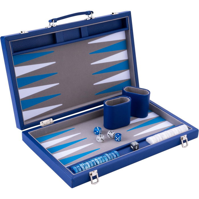 Набір для гри в кістки Енгельхарт Люкс 38 см - преміум якість, шкірозамінник, спеціальне покриття з фільцу, перламутрові кубики та фішки + 2 стаканчики - професійний та для дому, блакитний