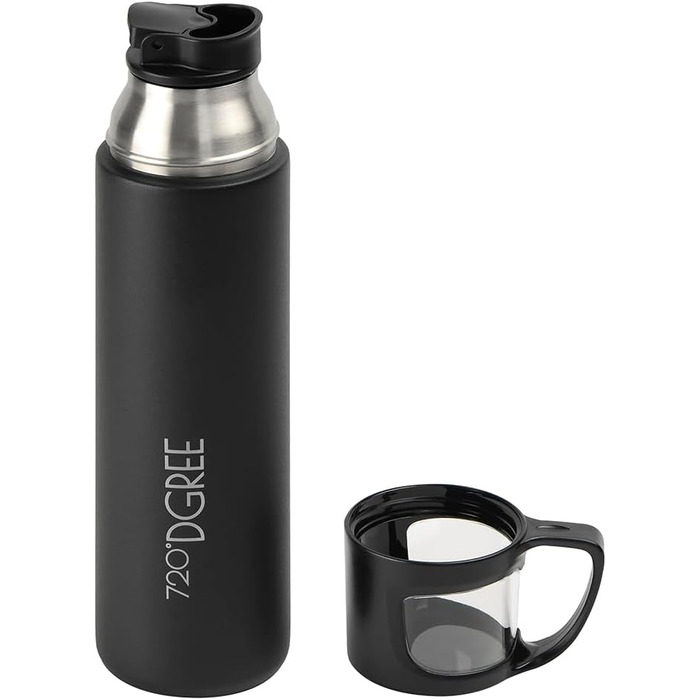 Термос 720°DGREE Follow 750 мл з чашкою, нержавіюча сталь, BPA-free, ізоляційна пляшка для кави, чаю, чорний матовий, для дітей, школи, роботи, outdoor