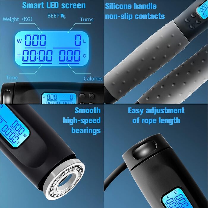 Стрибувальне канат Springseil: регульоване, бездротове, з лічильником, для дорослих та дітей, чорний та сірий