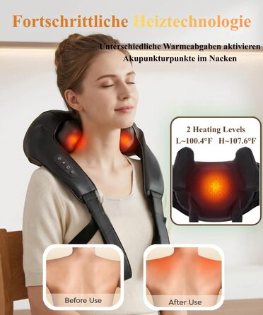 Бездротовий масажер для шиї та плечей 4D Shiatsu з підігрівом, електричний масажер для спини та м'язів, чорний