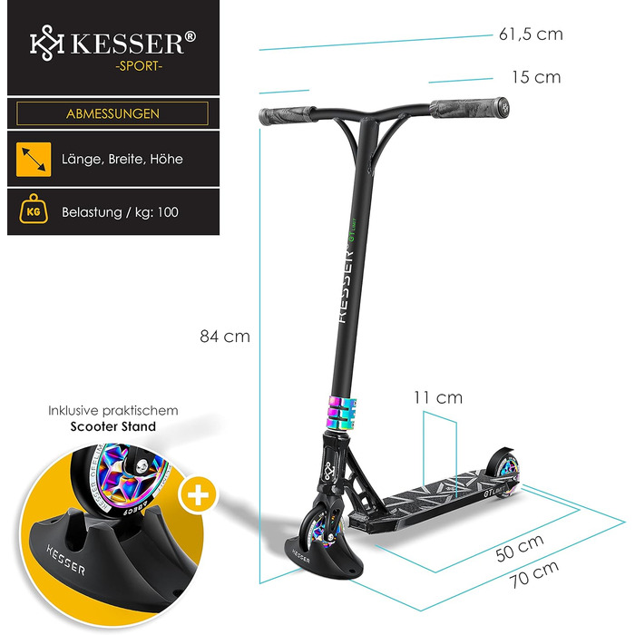 Трюковий самокат KESSER GT-Limit 360° для дітей і дорослих, з підніжкою, підшипники ABEC 9, 110 мм PU колеса, міський самокат для трюків