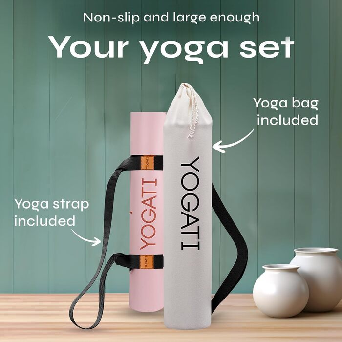 Протиковзкий килимок для йоги та фітнесу YOGATI з натурального каучуку, великий килимок з розміткою та сумкою для перенесення, рожевий