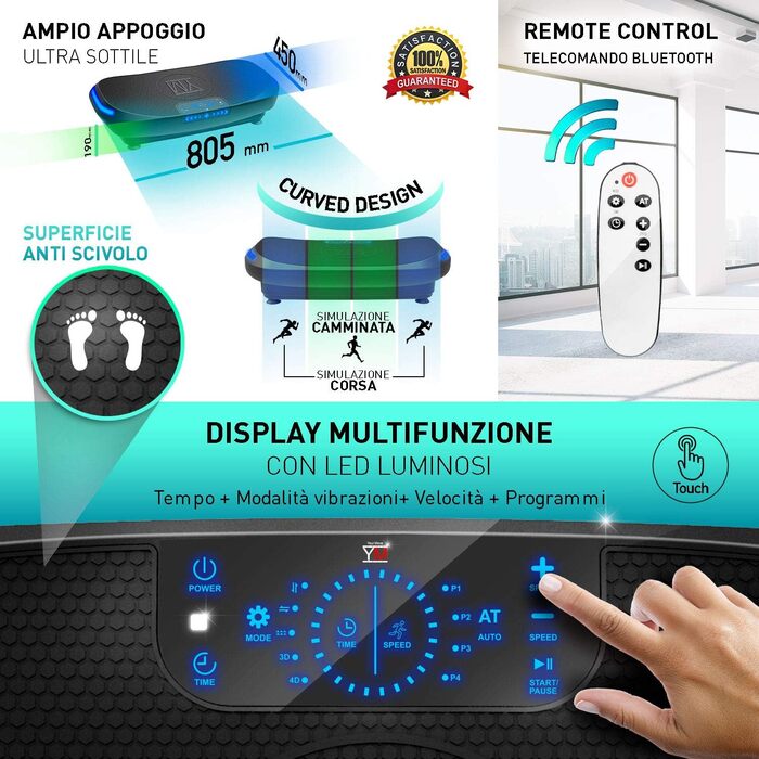 Вібраційна платформа YM 4D з регулюванням інтенсивності, сенсорним дисплеєм, еластичними фітнес-стрічками, двома моторами 500Вт+300Вт, програмами та авторежимом, дистанційне керування