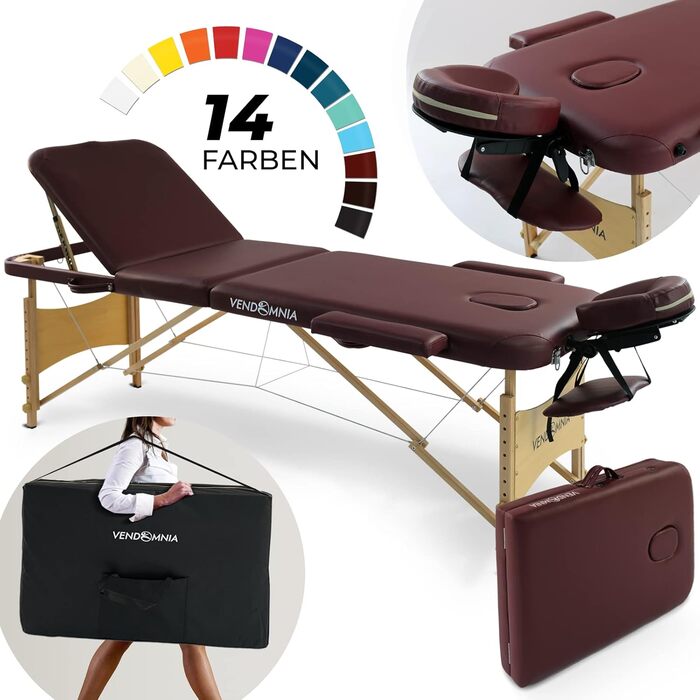 Масажне ліжко VENDOMNIA з дерев'яними ніжками, 3 зони, регулювання висоти, включаючи якісну подушку, сумку, підлокітники, вибір кольору, складане, для масажу, ліжко для процедур, Бургунді
