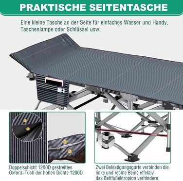 Велике розкладне ліжко з матрацом – 198x81x46 см, 400 кг, сталевий каркас, Oxford-тканина, для дорослих, сад, подорожі (Сірий)