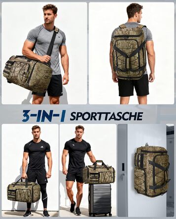 Спортивна сумка RAINSMORE 45L 3-в-1 для фітнесу та подорожей з відділенням для взуття та вологих речей, водонепроникна дорожня сумка (Хакі Камуфляж)