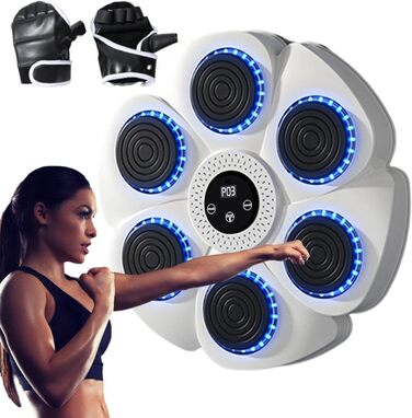 Музична бокс-машина для дорослих та дітей, розумна бокс-машина з подушкою для ударів, настінний кріплення, з рукавичками (біла)