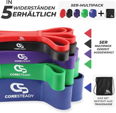 Еспандер Coresteady для фітнесу та спорту – міцна гумова стрічка для підтягувань, силових тренувань та нарощування м'язів для чоловіків і жінок, набір 5 штук (червоний, чорний, фіолетовий, зелений, синій)