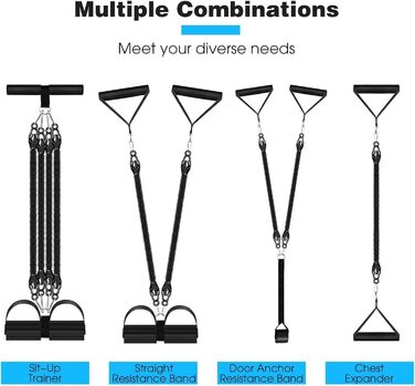 Набір еластичних стрічок FUNFLEX 45 кг для фітнесу: тренажер для пресу з ручками, фіксатором для ніг та дверним кріпленням. Система стрічок опору для дому, залу, м'язового та силового тренування. Чорний, 9 шт.