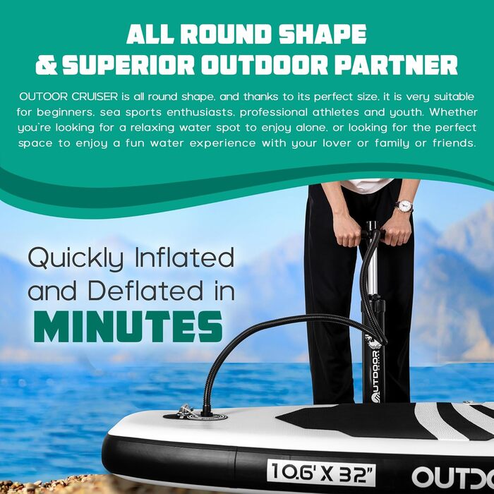 SUP дошка надувна OutdoorCrusier Ultra-Portable, блакитна (Карибське море), з повним комплектом аксесуарів, міцна, нековзка, для початківців та досвідчених райдерів